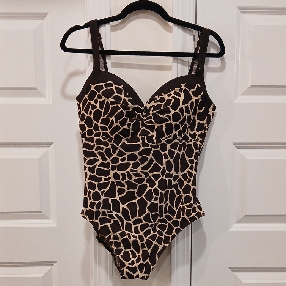 Miraclesuit Brown Giraffe Print One Piece Swimsuit Size 14